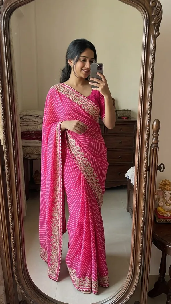 Pink_Embroidered_Chevron_Print_Saree_With_Blouse_Piece_For_Women