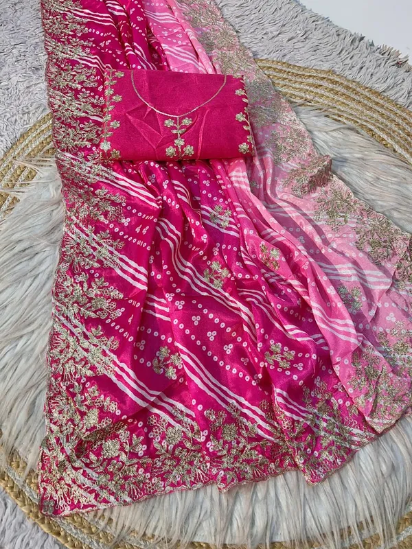 Pink_Printed_Embroidered_Saree_With_Blouse_Piece_For_Women