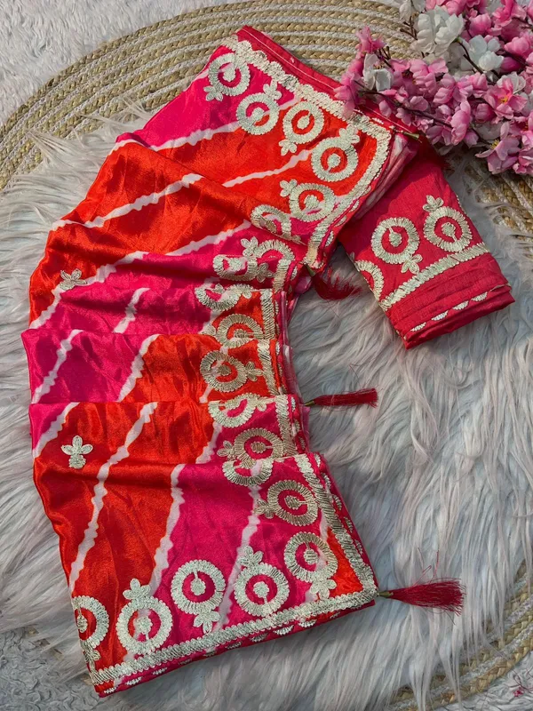 Red_And_Orange_Embroidered_Saree_With_Blouse_Piece_For_Women