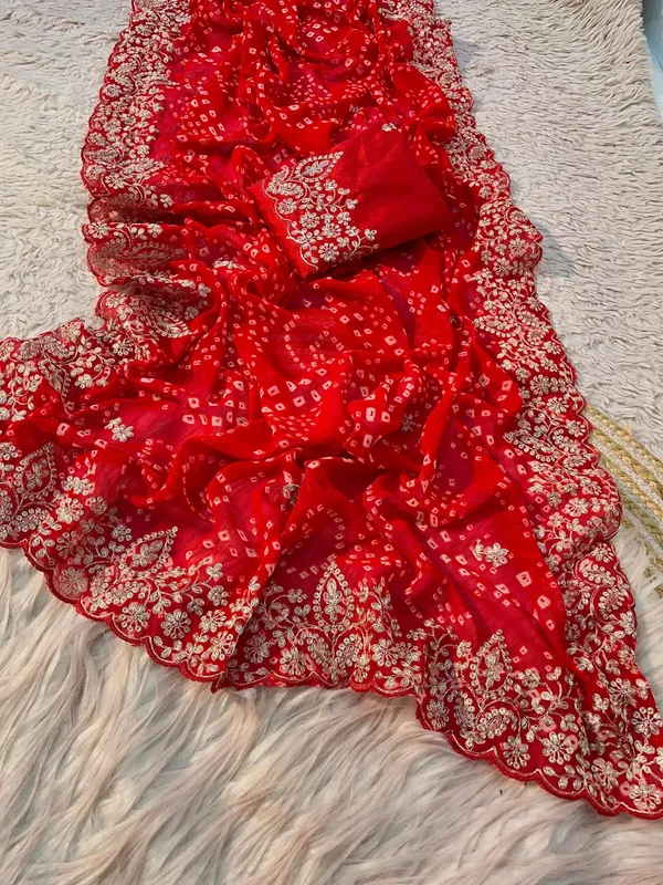 Red_Bandhani_Embroidered_Saree_With_Blouse_Piece_for_Women
