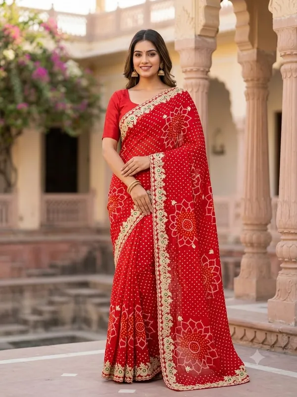 Red_Floral_Border_Saree_With_Blouse_Piece_For_Women