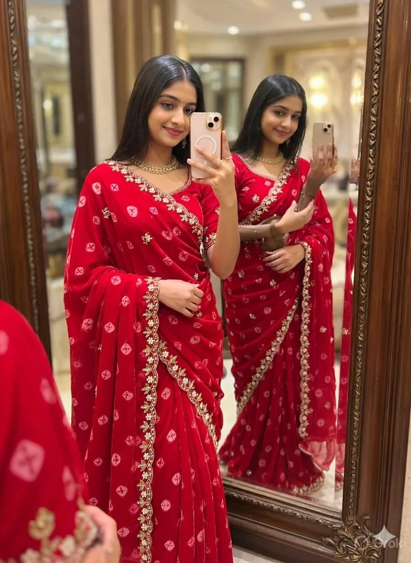 Red_Embroidered_Saree_With_Blouse_Piece_for_Women
