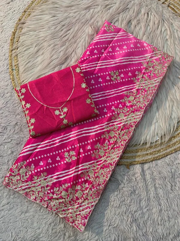 Pink_Printed_Embroidered_Saree_With_Blouse_Piece_For_Women