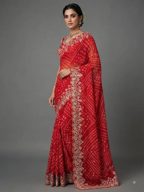 Red_Bandhani_Embroidered_Saree_With_Blouse_Piece_for_Women