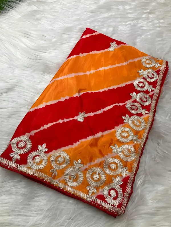 Red_And_Orange_Embroidered_Saree_With_Blouse_Piece_For_Women