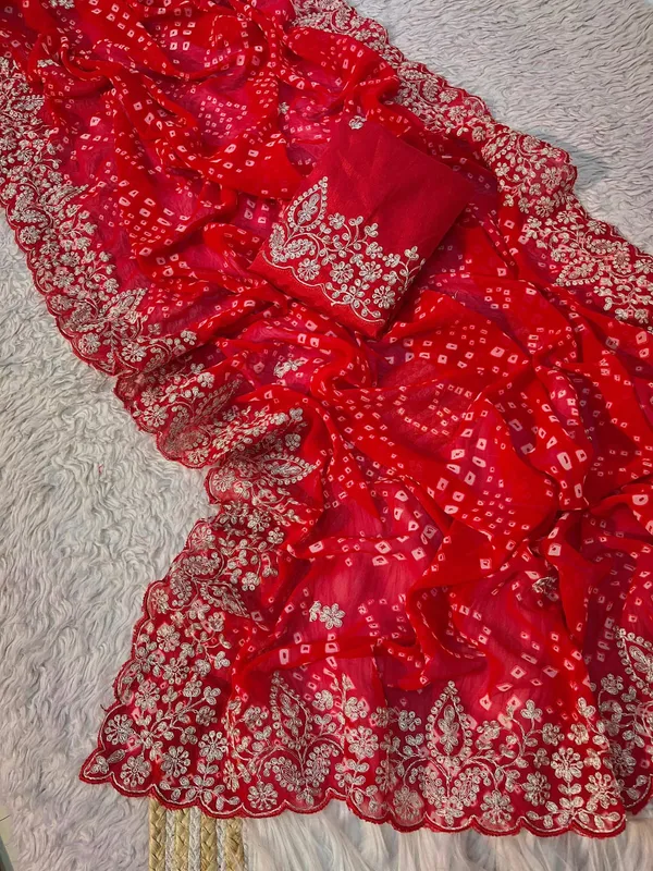 Red_Bandhani_Embroidered_Saree_With_Blouse_Piece_for_Women