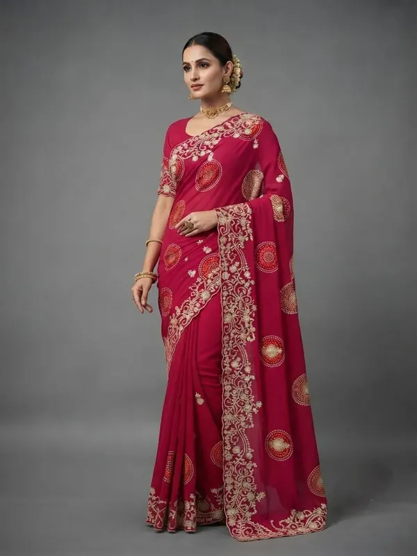 Magenta_Embroidered_Saree_With_Blouse_Piece_For_Women
