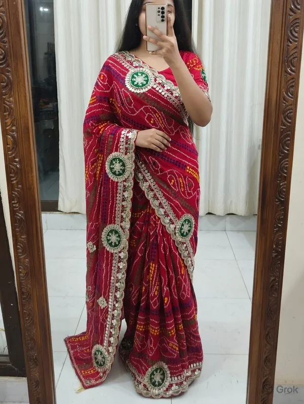Red_Bandhani_Print_Embellished_Saree_With_Blouse_Piece_For_Women