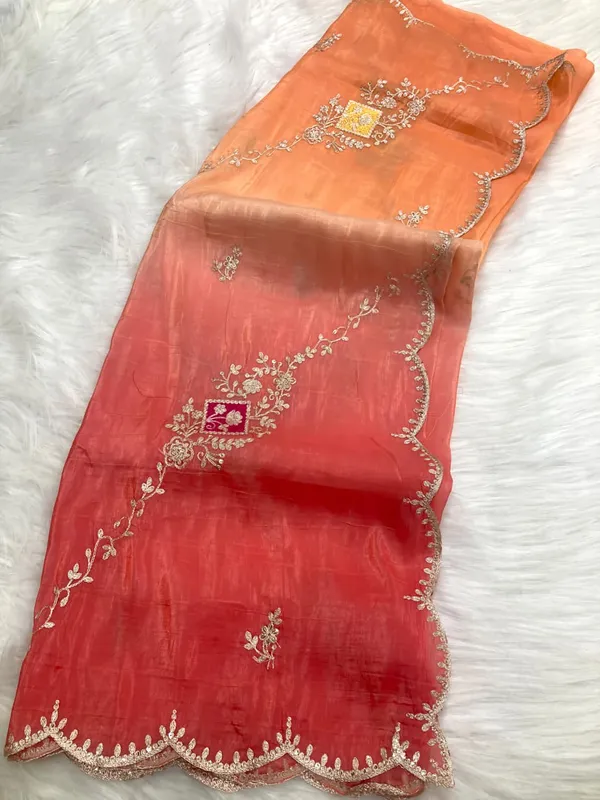 Peach_And_Red_Organza_Embroidered_Saree_With_Blouse_Piece_For_Women