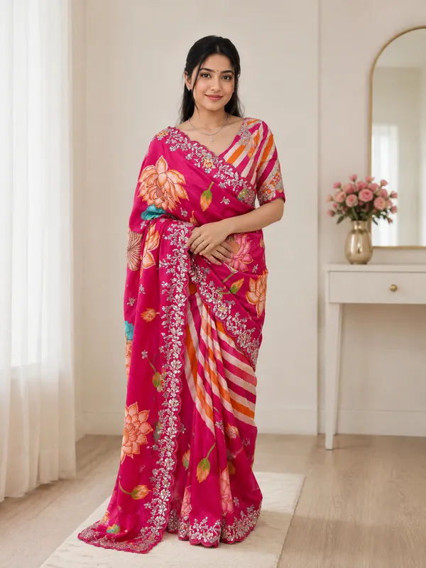 Pink_Floral_Print_Embroidered_Saree_With_Blouse_Piece_For_Women