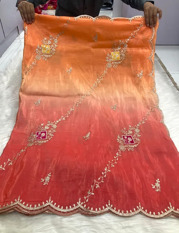 Peach_And_Red_Organza_Embroidered_Saree_With_Blouse_Piece_For_Women