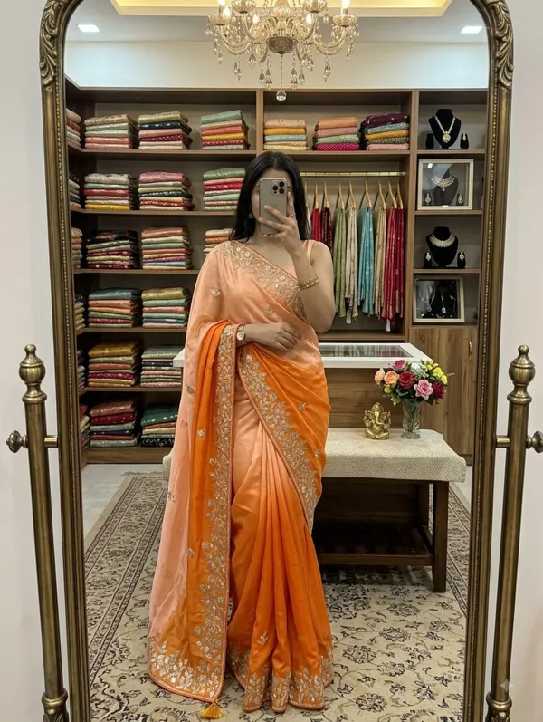 Orange_Embroidered_Draped_Saree_With_Blouse_Piece_For_Women