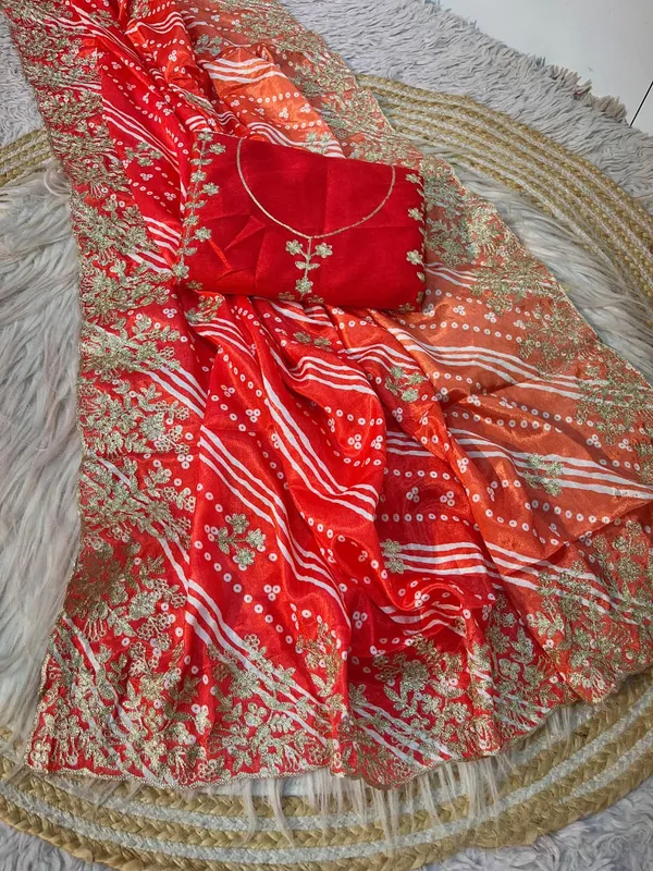 Red_Georgette_Embroidered_Saree_With_Blouse_Piece_For_Women