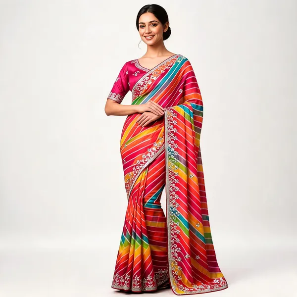Multicolor_Embroidered_Striped_Saree_With_Blouse_Piece_For_Women