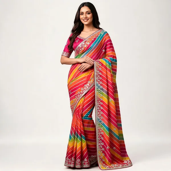 Multicolor_Embroidered_Striped_Saree_With_Blouse_Piece_For_Women