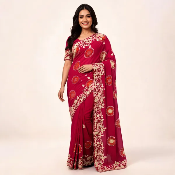 Magenta_Embroidered_Saree_With_Blouse_Piece_For_Women