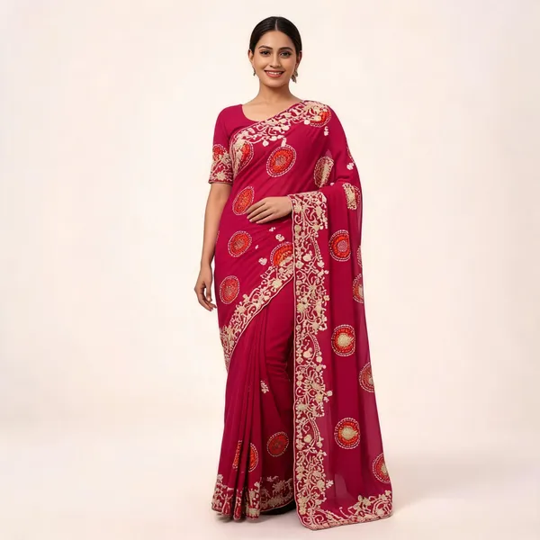 Magenta_Embroidered_Saree_With_Blouse_Piece_For_Women