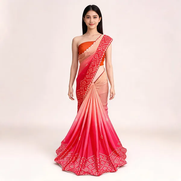 Red_Bandhani_Style_Printed_Saree_With_Blouse_Piece_For_Women