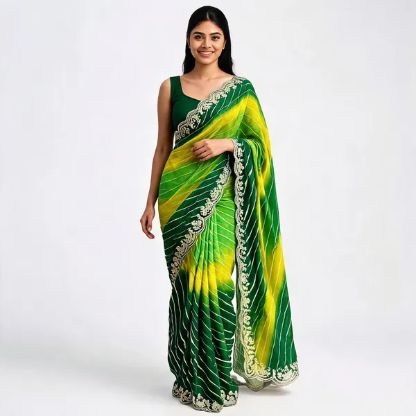 Green_Printed_Saree_With_Blouse_Piece_For_Women