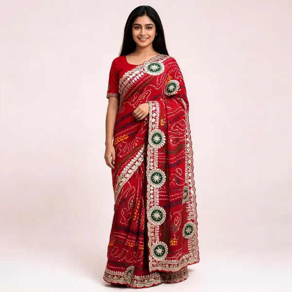 Red_Bandhani_Print_Embellished_Saree_With_Blouse_Piece_For_Women