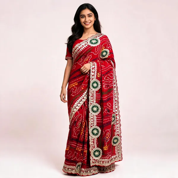 Red_Bandhani_Print_Embellished_Saree_With_Blouse_Piece_For_Women