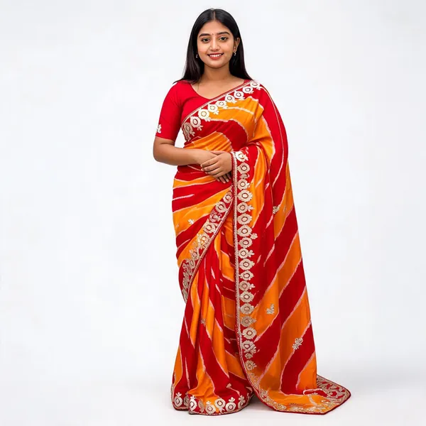 Red_And_Orange_Embroidered_Saree_With_Blouse_Piece_For_Women