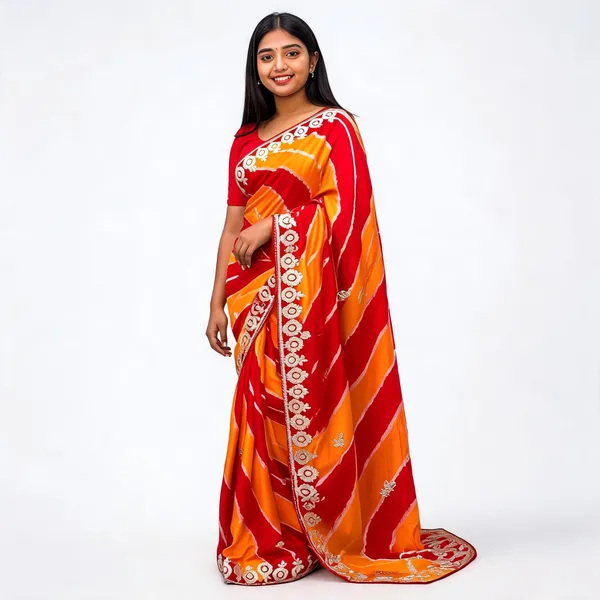 Red_And_Orange_Embroidered_Saree_With_Blouse_Piece_For_Women