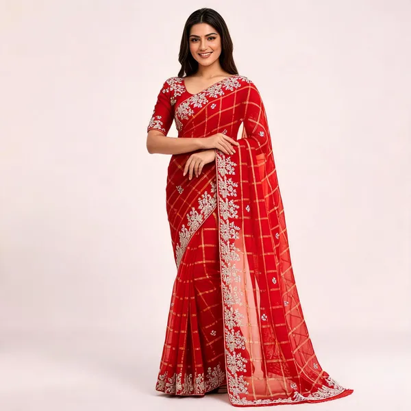 Red_Net_Embroidered_Saree_With_Blouse_Piece_For_Women