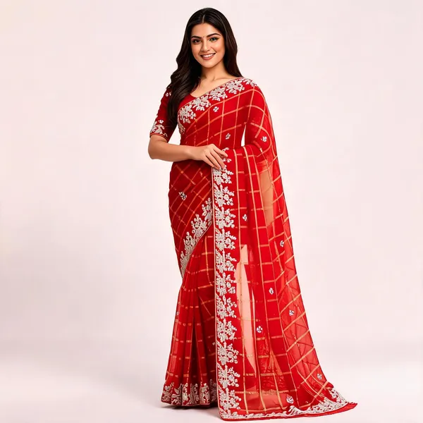 Red_Net_Embroidered_Saree_With_Blouse_Piece_For_Women