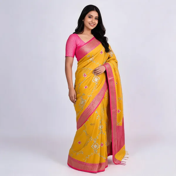Mustard_Embroidered_Saree_With_Blouse_Piece_For_Women