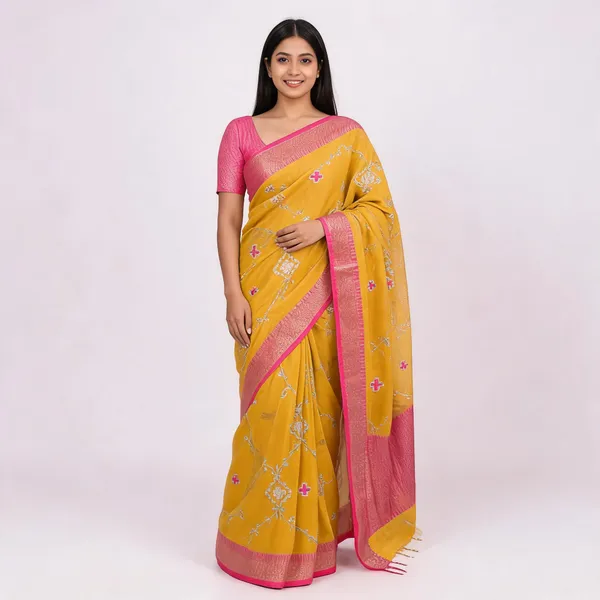 Mustard_Embroidered_Saree_With_Blouse_Piece_For_Women