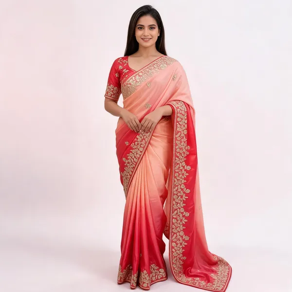 Coral_Satin_Finish_Embroidered_Saree_With_Blouse_Piece_For_Women