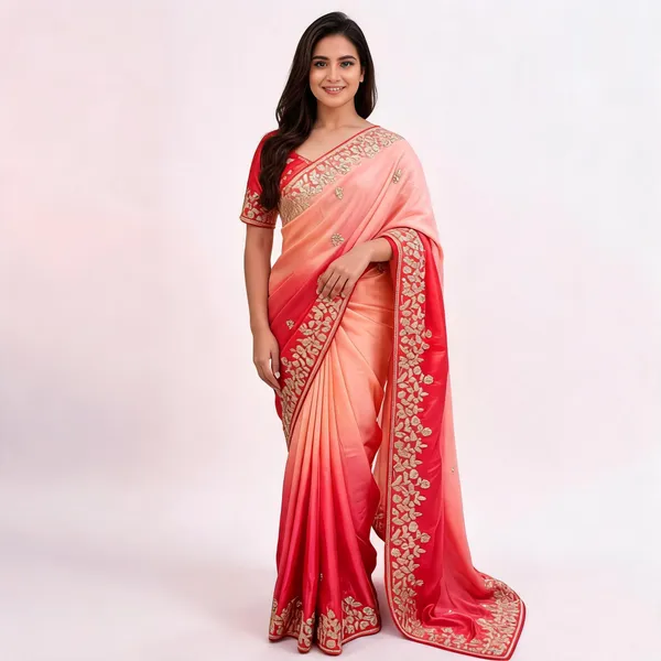 Coral_Satin_Finish_Embroidered_Saree_With_Blouse_Piece_For_Women