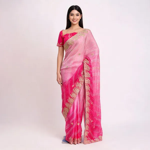 Pink_Printed_Embroidered_Saree_With_Blouse_Piece_For_Women