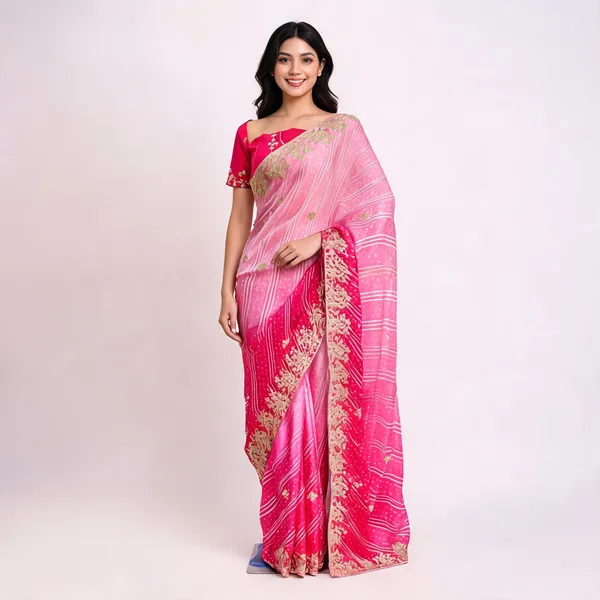 Pink_Printed_Embroidered_Saree_With_Blouse_Piece_For_Women