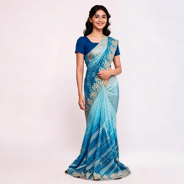 Blue_Printed_Embroidered_Saree_With_Blouse_Piece_For_Women