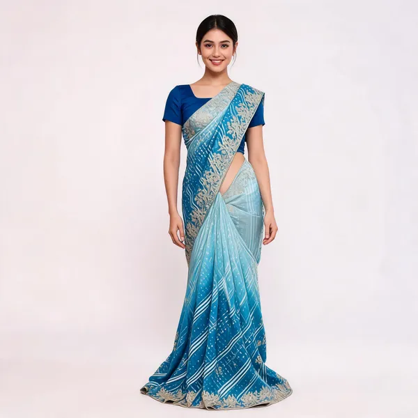 Blue_Printed_Embroidered_Saree_With_Blouse_Piece_For_Women