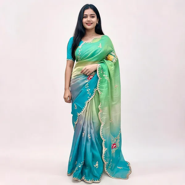 Green_Ombre_Embroidered_Saree_With_Blouse_Piece_For_Women