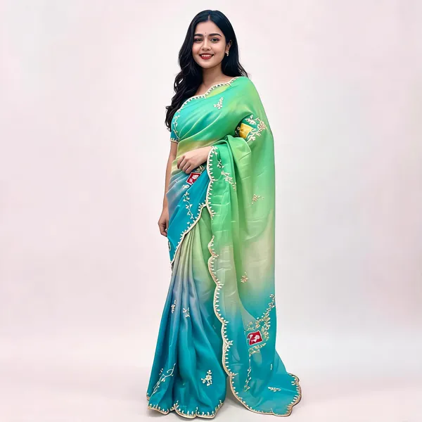 Green_Ombre_Embroidered_Saree_With_Blouse_Piece_For_Women