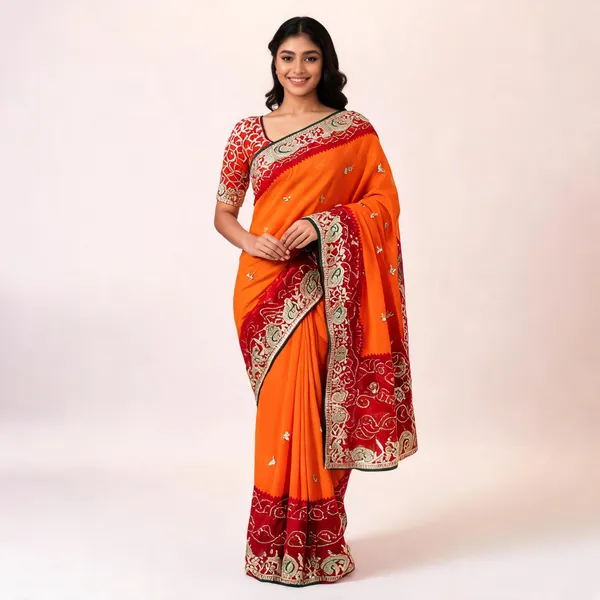 Orange_Embroidered_Saree_With_Blouse_Piece_For_Women