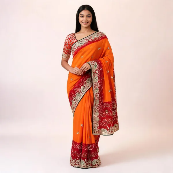 Orange_Embroidered_Saree_With_Blouse_Piece_For_Women