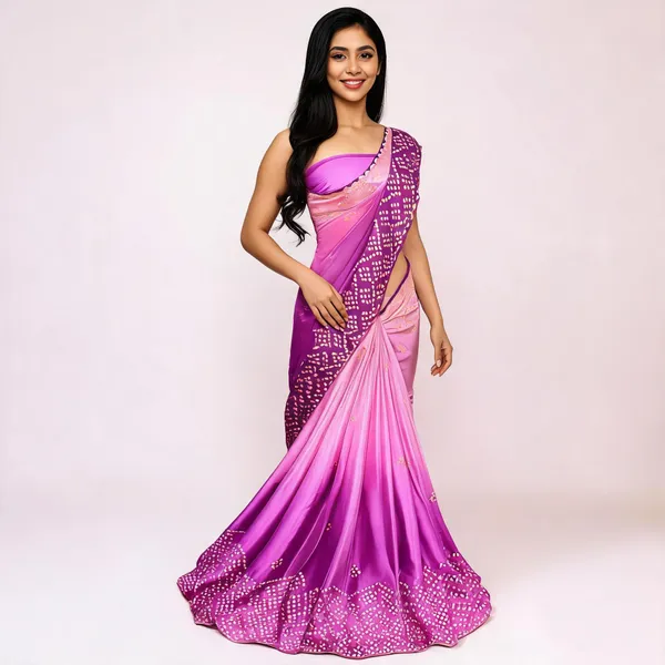 Pink_And_Purple_Bandhani_Print_Saree_With_Blouse_Piece_For_Women