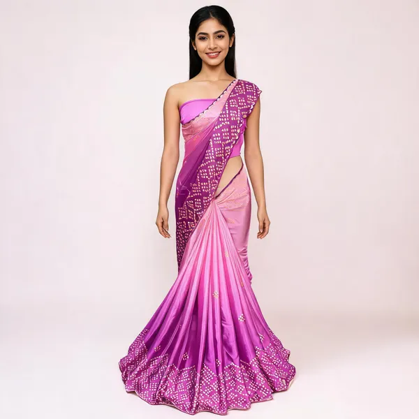 Pink_And_Purple_Bandhani_Print_Saree_With_Blouse_Piece_For_Women