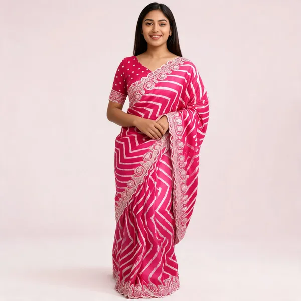 Pink_Chevron_Print_Saree_With_Blouse_Piece_For_Women