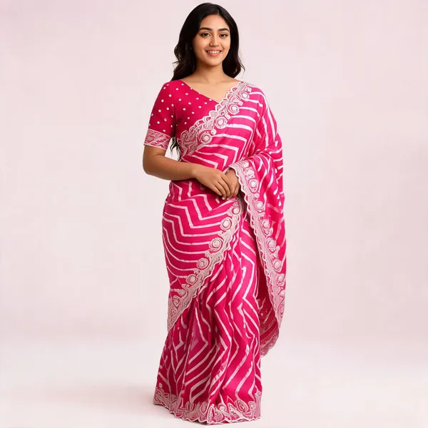 Pink_Chevron_Print_Saree_With_Blouse_Piece_For_Women