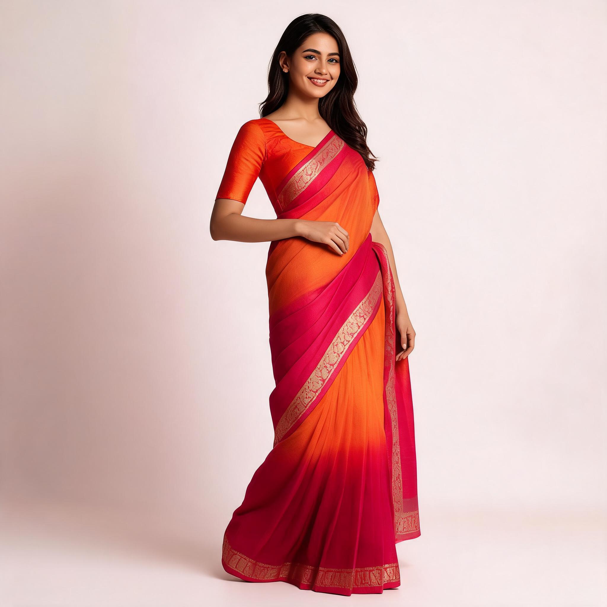 Red_Orange_Woven_Saree_With_Blouse_Piece_For_Women
