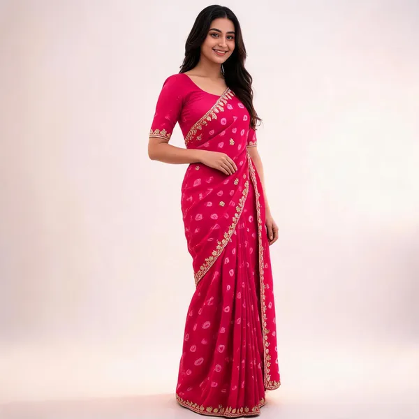 Pink_Printed_Embroidered_Saree_With_Blouse_Piece_For_Women