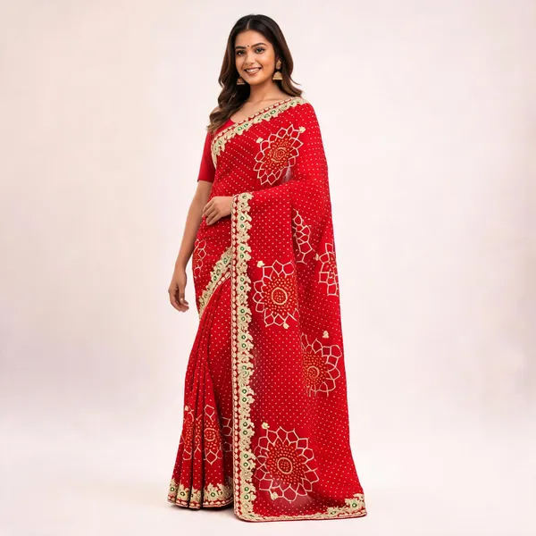 Red_Floral_Border_Saree_With_Blouse_Piece_For_Women