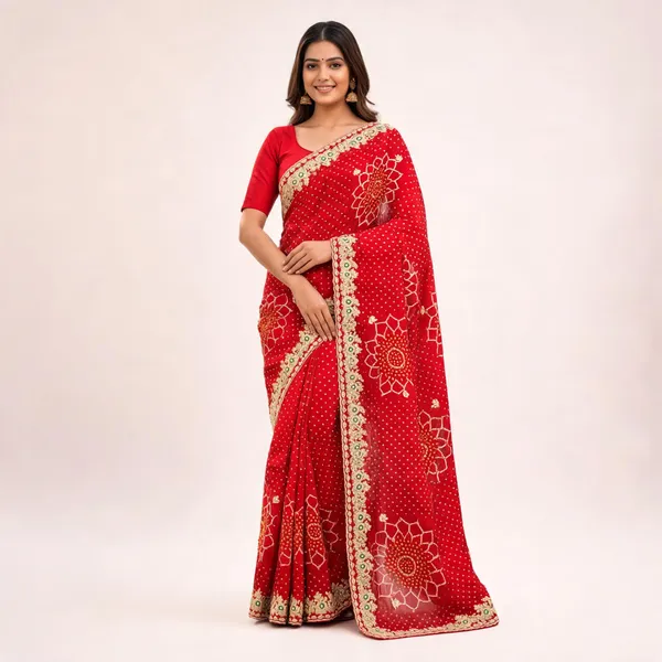 Red_Floral_Border_Saree_With_Blouse_Piece_For_Women