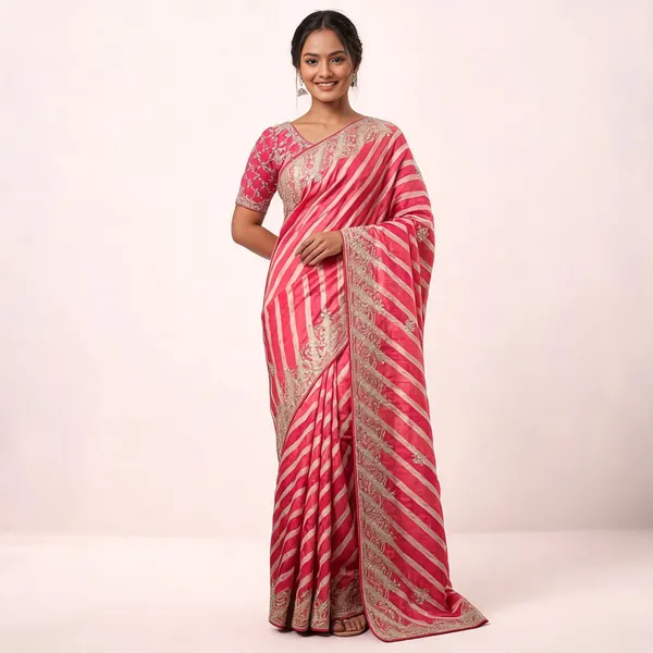 Pink_Striped_Saree_With_Blouse_Piece_With_Zari_Border_For_Women